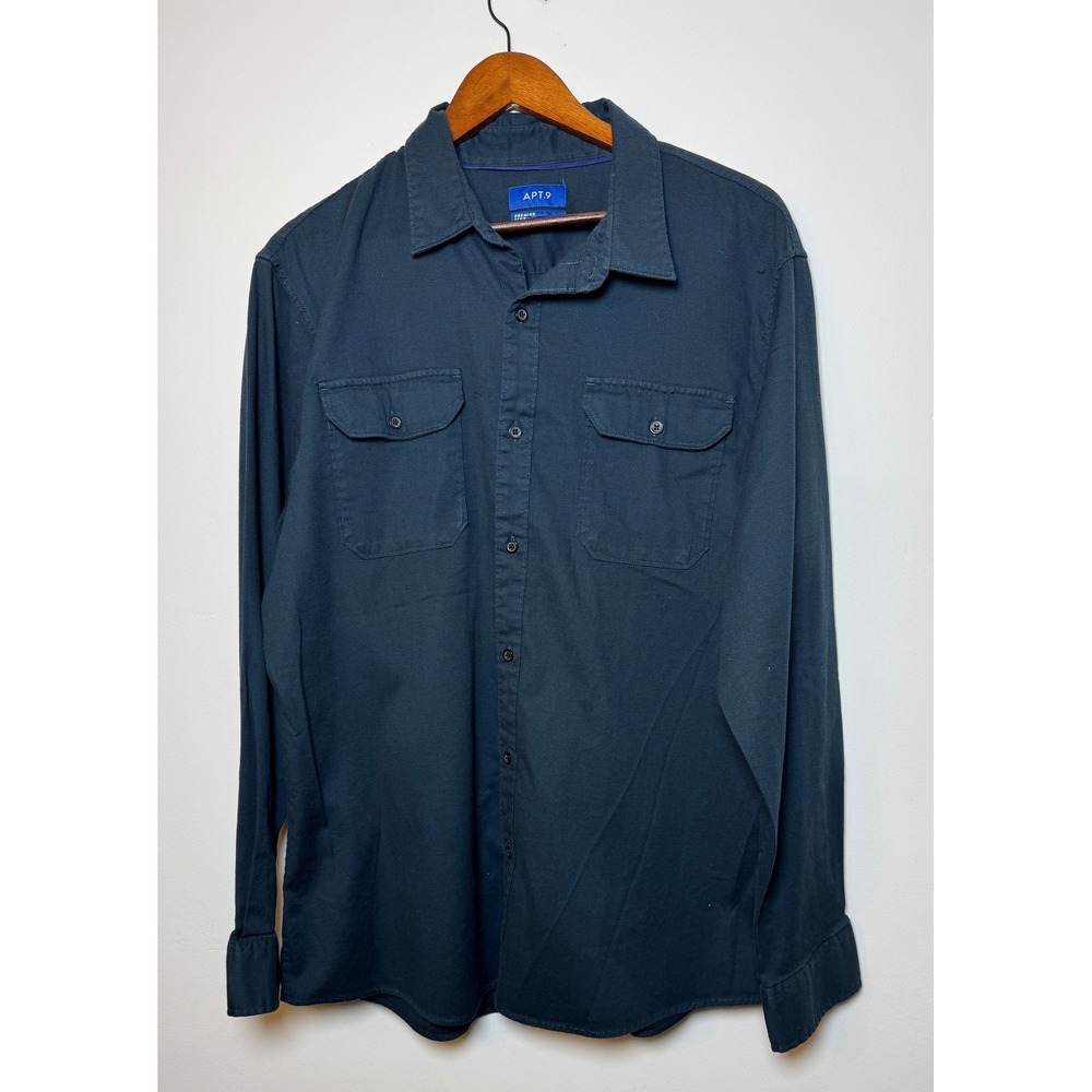 Apt 9‎ Premier Flex Slim Fit Button Down Shirt Mens XLG Navy Blue Long Sleeve